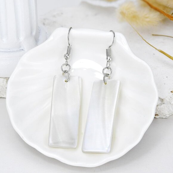 Beautiful Ocean Shell Dangle Earrings, Rectangular Handmade, White, 3.11 In - Picture 3 of 6